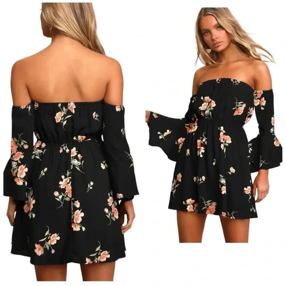 Lulus Dresses & Skirts - LULU’S | Lush Gardens Black Floral Print Off-The-Shoulder Mini Dress Size S